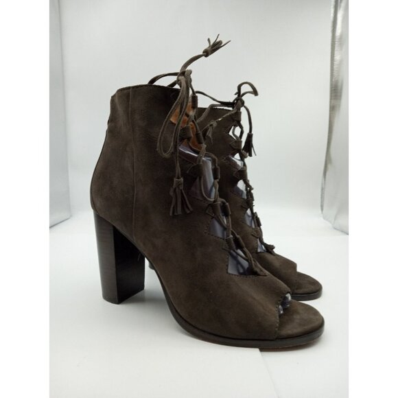 Frye Women's Gabby Ghillie Sandal Size 9 Block Heel Lace Up Bootie Brown Suede - Picture 1 of 15